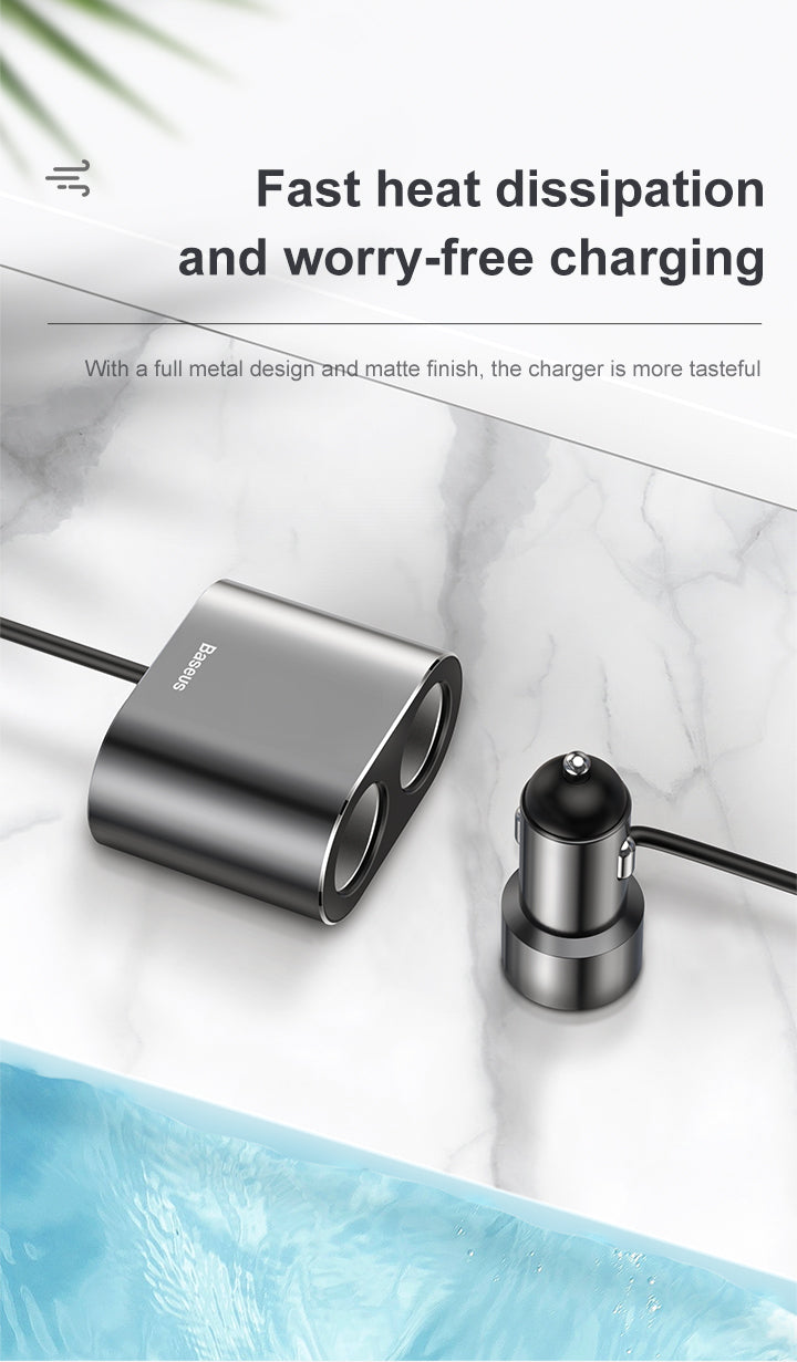 Baseus High Efficiency One to Two Cigarette Lighter(dual-cigarette lighter 80W +dual USB 3.1A)Black