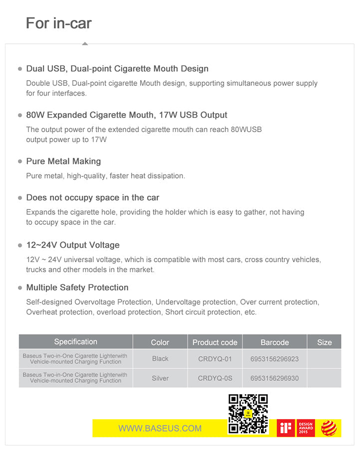 Baseus High Efficiency One to Two Cigarette Lighter(dual-cigarette lighter 80W +dual USB 3.1A)Black