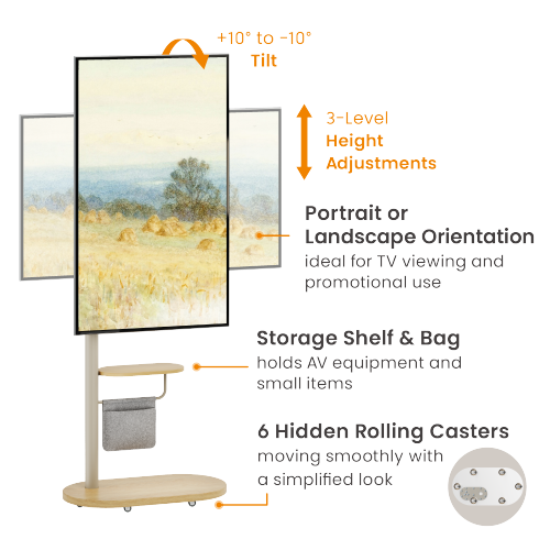 Bracom Mobile TV Display Floor Stand with Integrated Cable Management Fine Texture Light Brown & Beech