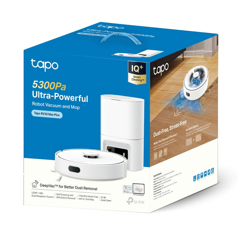 TP-Link Tapo RV30 Max Plus White, 5300Pa Hyper Suction Robot Vacuum & Mop + Smart Auto-Empty Dock