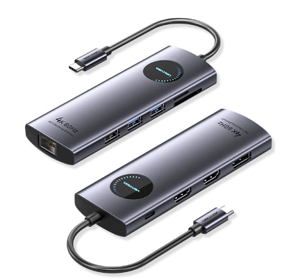 Vention USB-C to DP/HDMI x 2/USB 3.0 x 2/USB 2.0/RJ45/SD/TF/PD MST Docking Station 0.15M Gray Aluminum Alloy Type