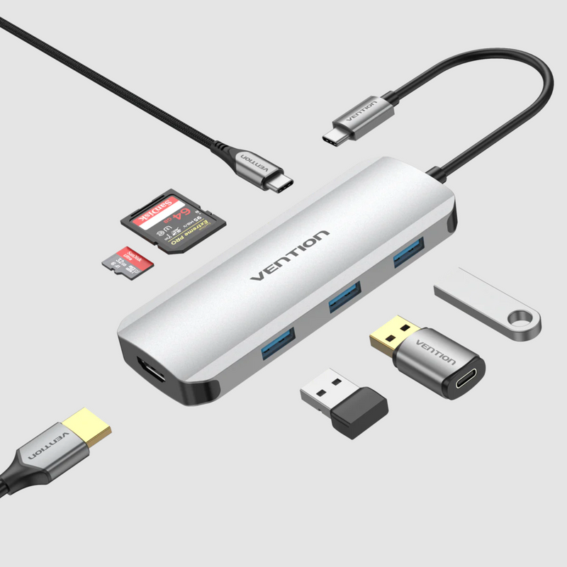 Vention USB-C to HDMI/USB 3.0x3/SD/TF/PD Docking Station , 0.15M Aluminium
