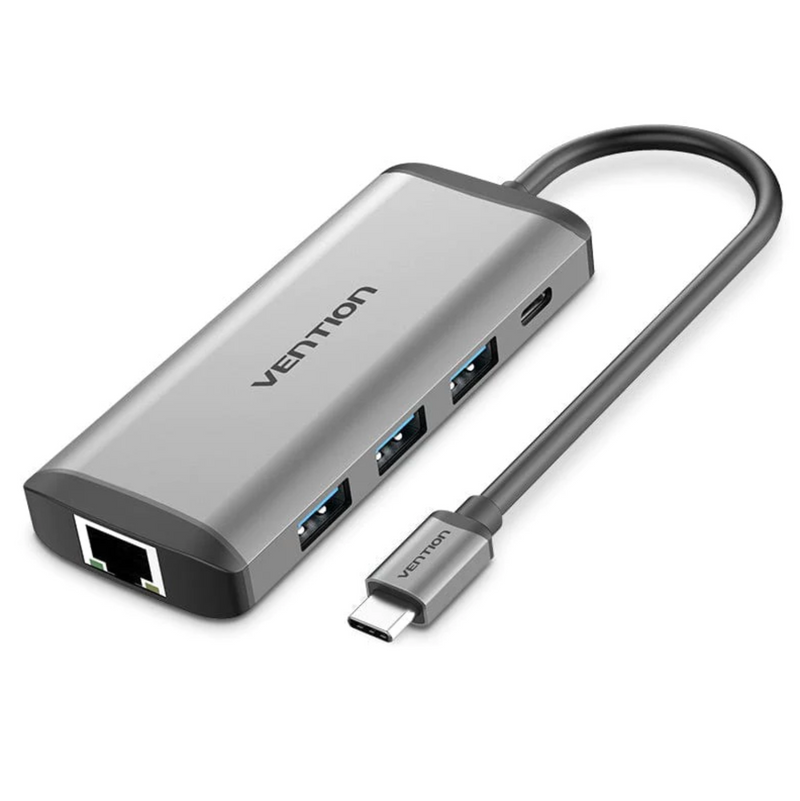 Vention Type-C to HDMI/USB3.0*3/RJ45/TF/SD/PD Converter 0.15M Gray Metal Type