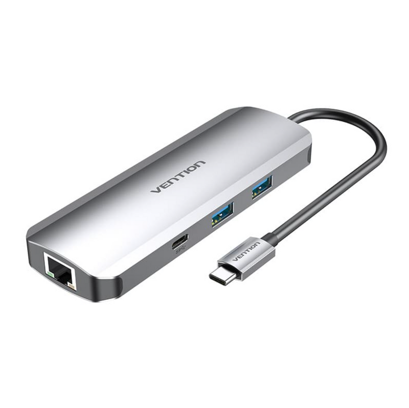 Vention Multi-function USB-C to HDMI/USB-C Gen 1/USB3.0x2/RJ45/SD/TF/TRRS 3.5mm/PD Docking Station 0.15M Gray Aluminum Alloy Type