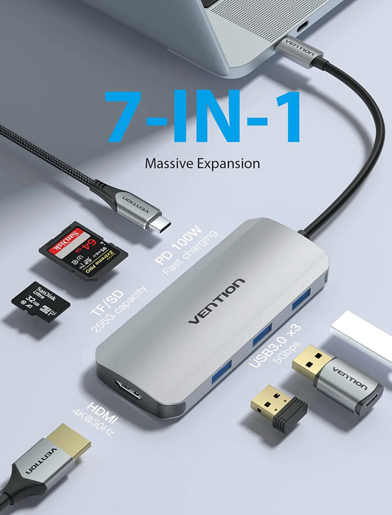 Vention USB-C to HDMI/USB 3.0x3/SD/TF/PD Docking Station , 0.15M Aluminium