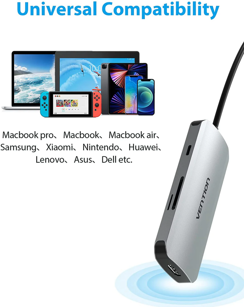 Vention USB-C to HDMI/USB 3.0x3/SD/TF/PD Docking Station , 0.15M Aluminium