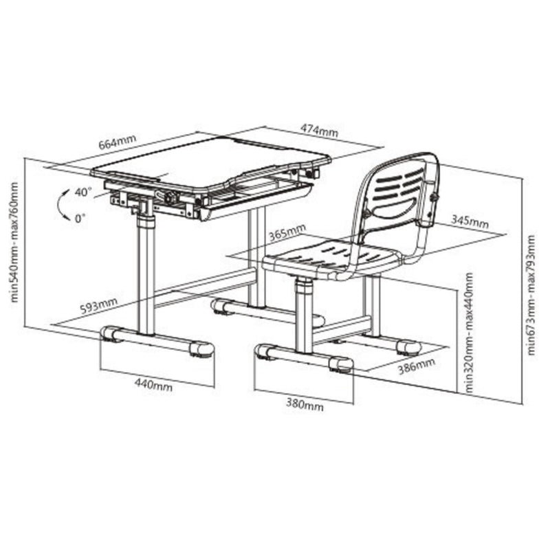 Ergonomic Adjustable Kids Desk and Chair Set (Grey) by Bracom