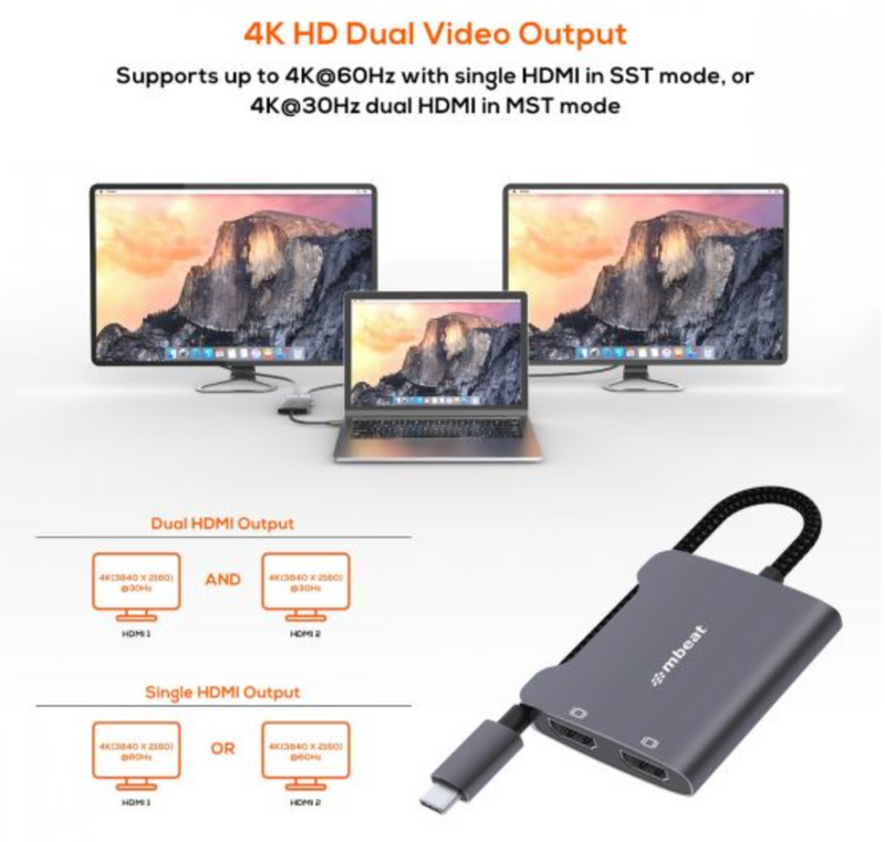 mbeat Tough Link USB-C to Dual 4K HDMI Adapter - Space Grey