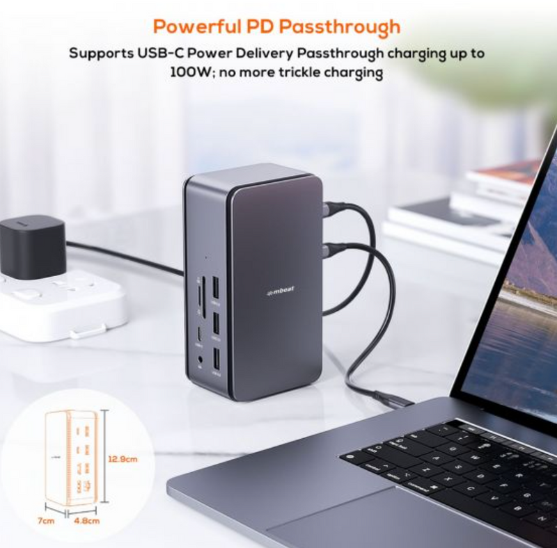 mbeat USB 4.0 14-in-1 Docking Station with 8K Video, 40Gbps, 100W USB-C PD, HDMI 2.1, DP, Gigabit Ethernet, 3.5 Aux, SD, TF, USB 3.2 10Gbps x 3, USB 2.0 x 3 - Space Grey