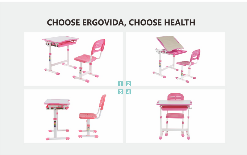 Bracom Ergonomical Height Adjust kid desk and chair set- Pink