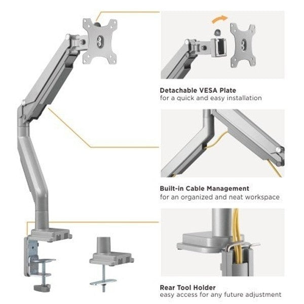 Bracom  Gas Spring Single Aluminum Monitor Arm for 17"-32"