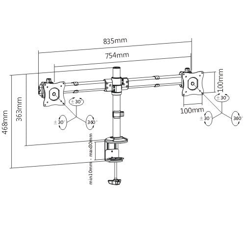 Bracom Outstanding Dual LCD Desk Mounts with Desk Clamp VESA 75/100mm Up to 27"
