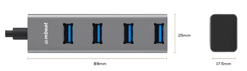 mbeat 4-Port USB3.0 Hub with USB-C Converter - Space Grey