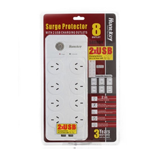 Huntkey 8 Outlet Surge Protected Powerboard with Dual USB Ports - 5V 2.1A