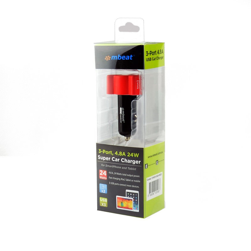 mbeat  triple USB ports car charger,  RED color 4.8A/24W triple ports car charger