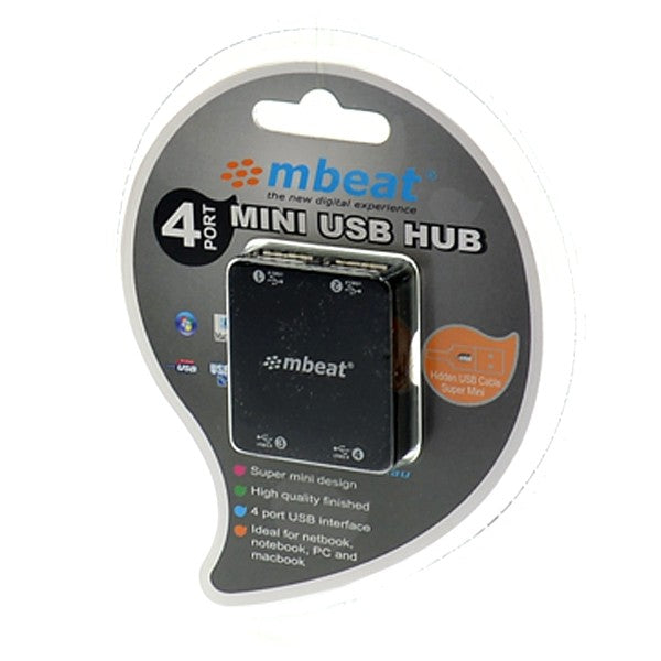 mbeat Super mini 4 port USB 2.0 hub with tuck-away cable design